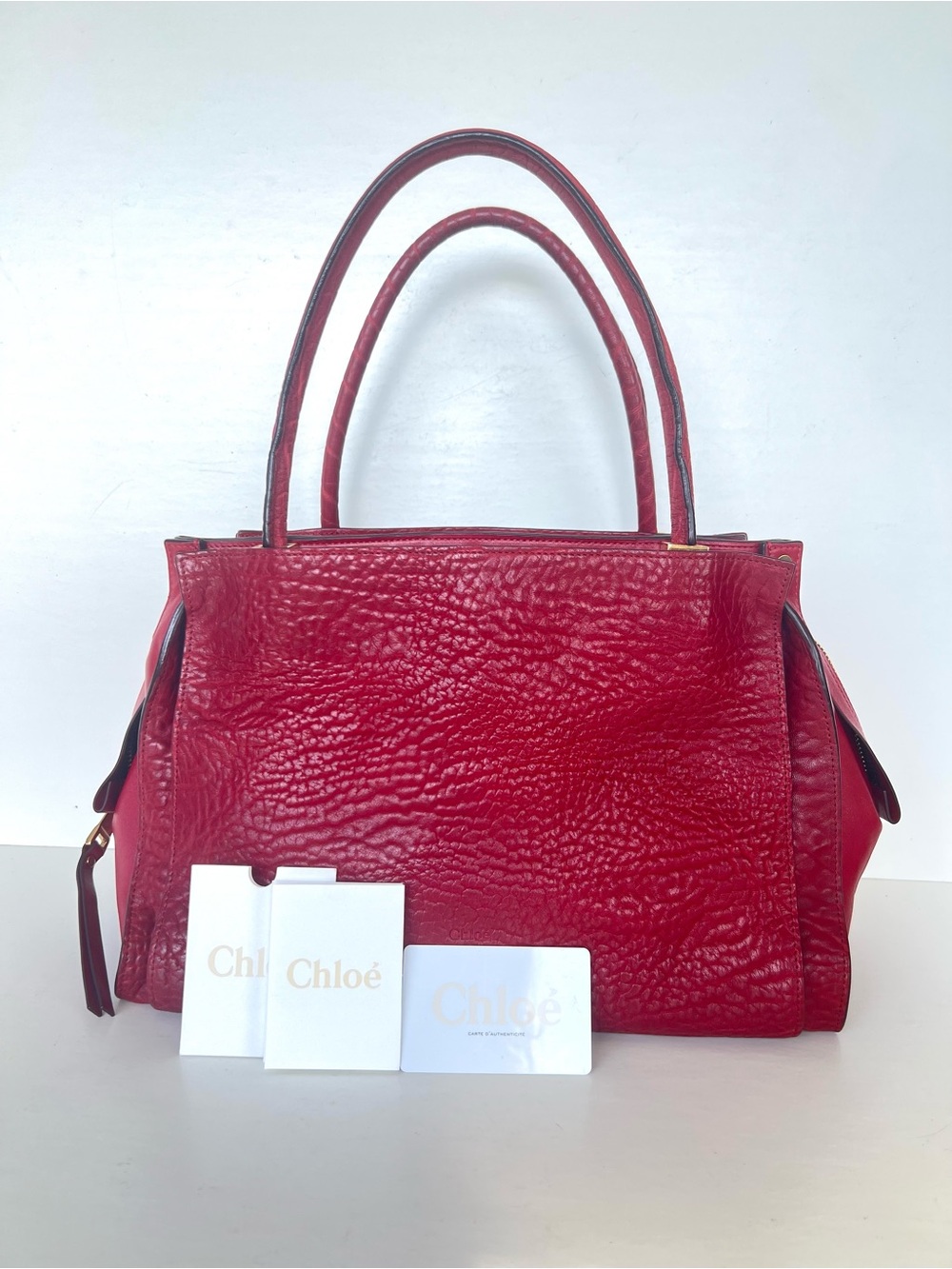 CHLOE Dree Dark Red Pebbled Leather Gold Hardware Large Shoulder Bag Tote